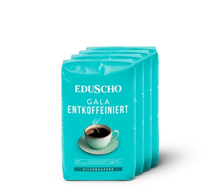 Vier Packungen EDU Gala entkoff. 500g Ventil auf weißem Hintergrund.