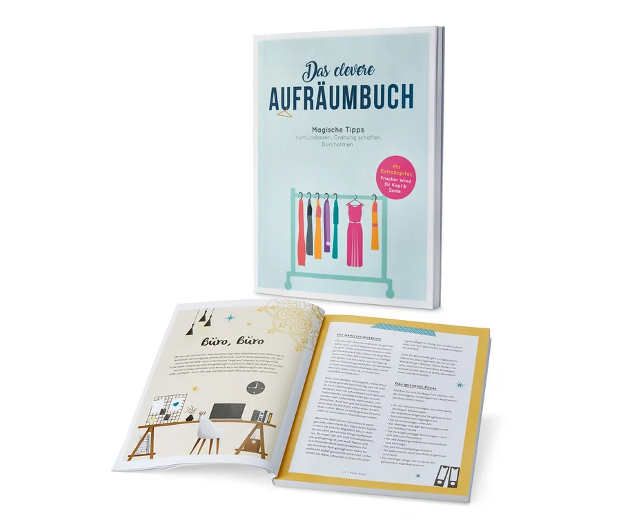 Zwei offene Ausgaben des Buchs "Das magische Aufräumbuch".