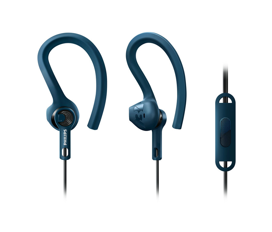 Nahaufnahme von blauen Philips-Sportkopfhörern »ActionFit«.