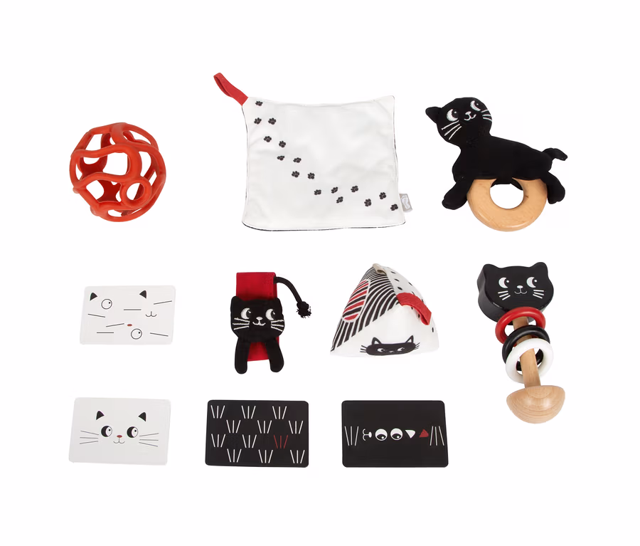 Eine Ansammlung von Babyspielzeug in Schwarz, Weiß und Rot, darunter ein roter Gitterball, ein weißes Tuch mit schwarzen Pfotenabdrücken, eine schwarze Katzenrassel auf einem Holzring, eine schwarze Katzen-Handgelenksrassel, eine dreieckige Stoffrassel mit Katzenmotiv, eine Holzrassel mit Katzenkopf und vier kontrastreiche Karten mit Katzenmotiven.