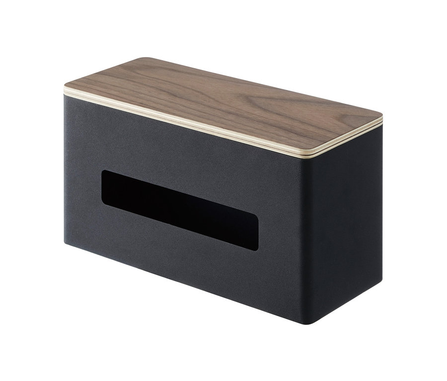 Schwarze, rechteckige Yamazaki Rin Taschentuchbox mit Holzdeckel.