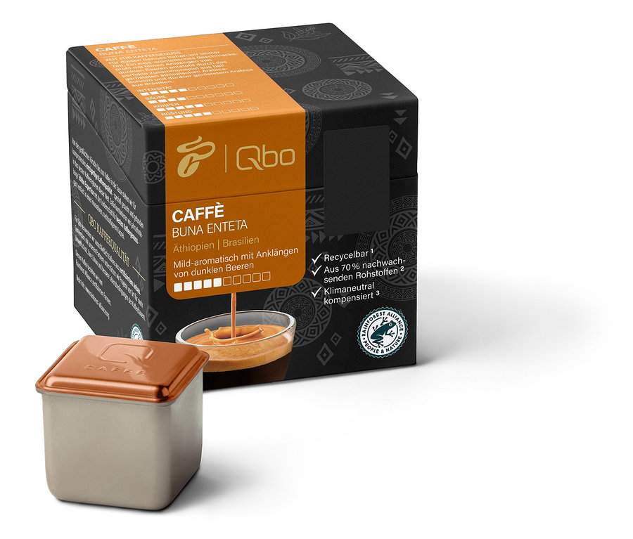 Eine Packung Qbo Caffè BUNA ENTETA mit einer Kapsel daneben.
