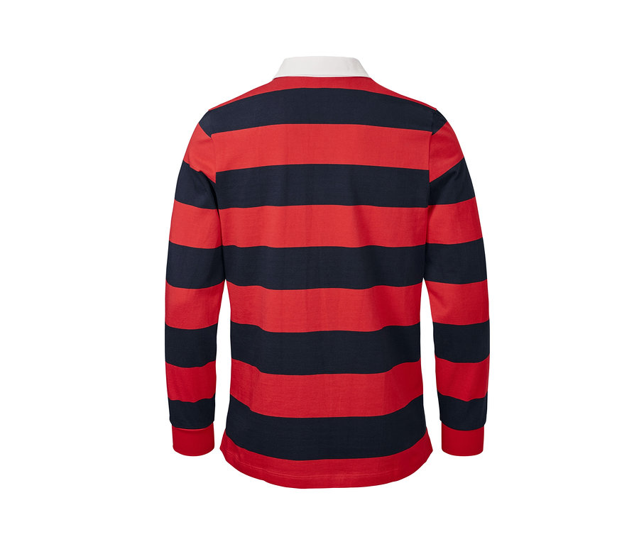 Detailansicht der Rückseite eines marineblau-roten Langarm-Poloshirts.