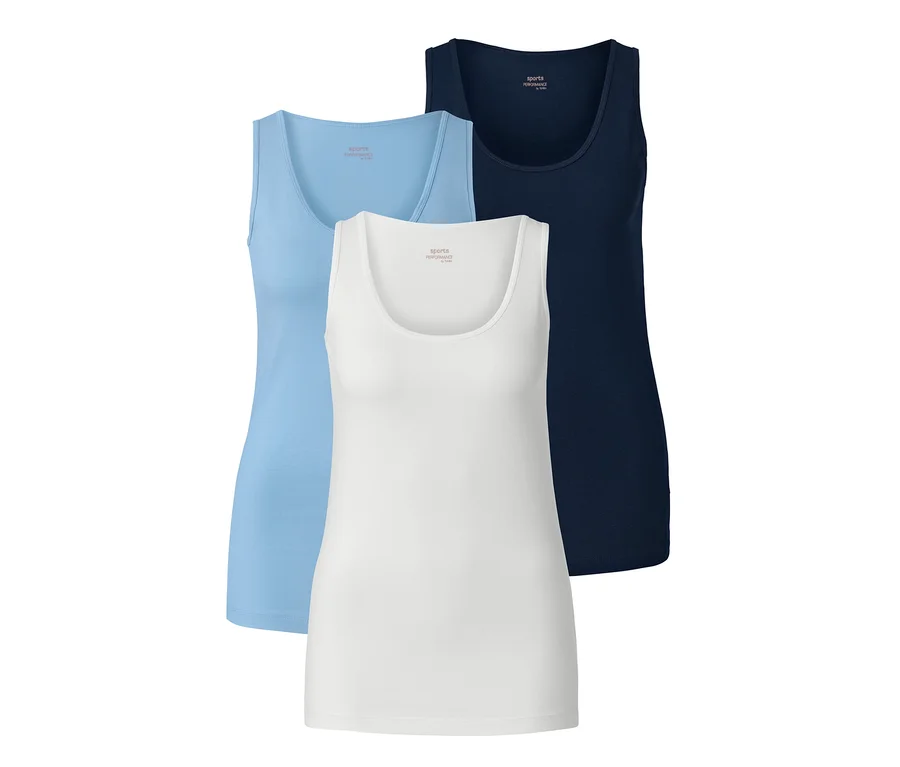 Drei Tops: hellblau, weiß und dunkelblau.