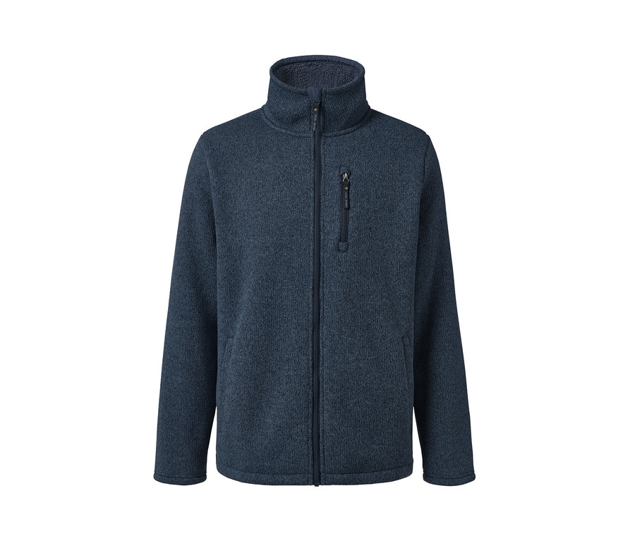 Dunkelblaue Thermo-Strickfleecejacke mit Reißverschluss und Taschen.