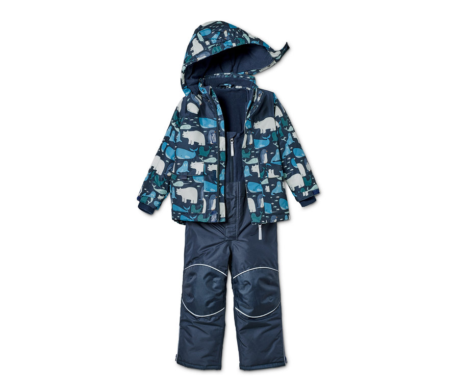 Blauer Schnee-Kombi aus recyceltem Material mit Tiermuster.