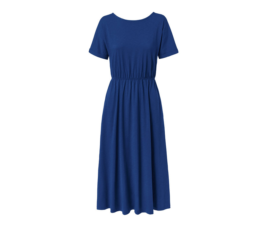 Blaues Jerseykleid mit Rückenausschnitt.