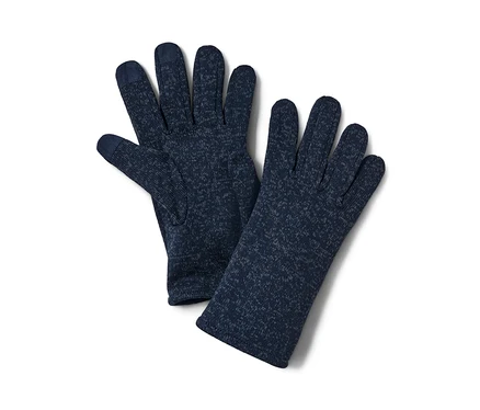 Zwei dunkelblaue Strickfleece-Handschuhe liegen nebeneinander.
