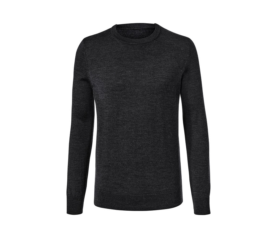 Ein anthrazitfarbener Merino-Pullover mit Rundhalsausschnitt.