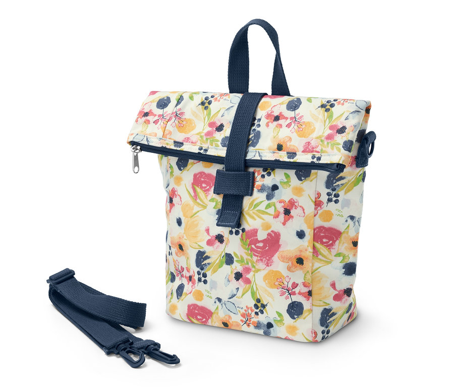 Lunchbag-Kühltasche mit Blumenmuster und blauem Gurt.
