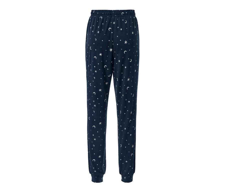 Eine marineblaue Pyjamahose mit Stern- und Mondmuster.