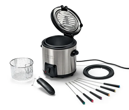 Geöffnete Mini-Fritteuse-und-Fondue Set mit sechs Gabeln, Korb und schwarzem Sockel.