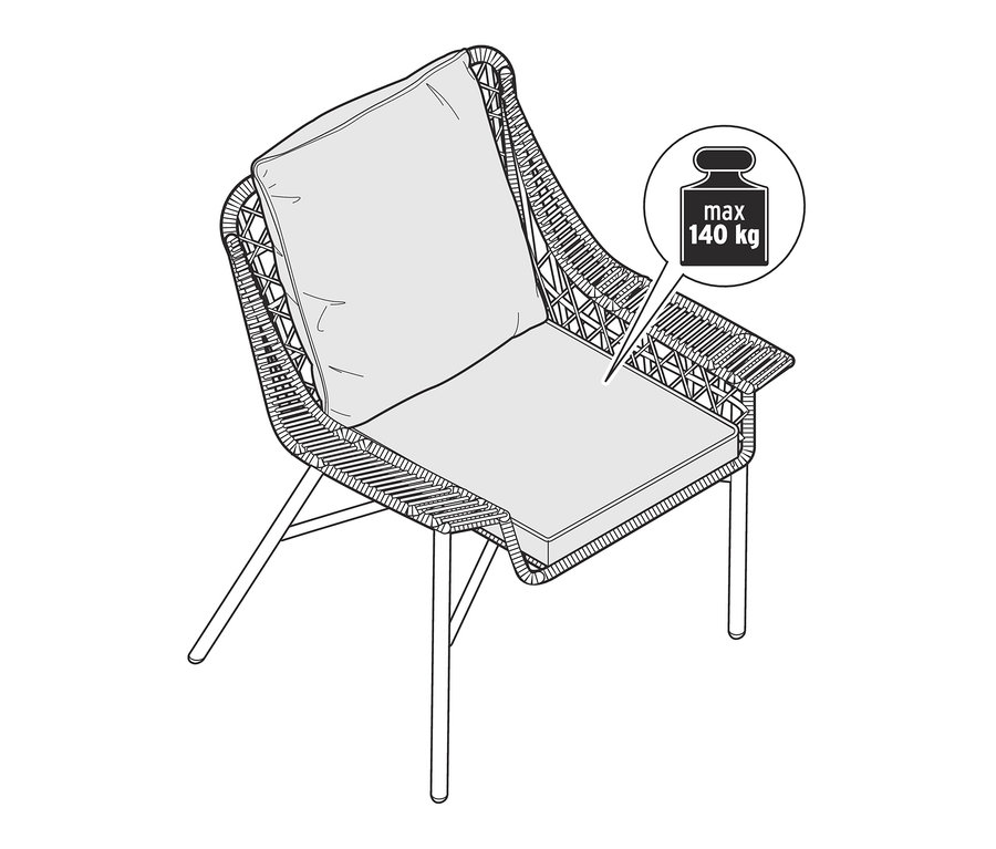Zeichnung eines Dining-Sessels mit Polyrattangeflecht, maximale Belastbarkeit 140 kg.