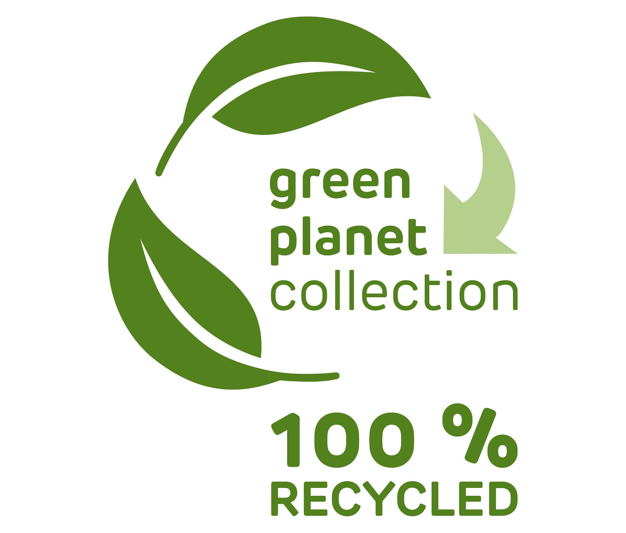 Grünes Logo mit dem Schriftzug „green planet collection“, einem Pfeil und dem Text „100% recycled“.