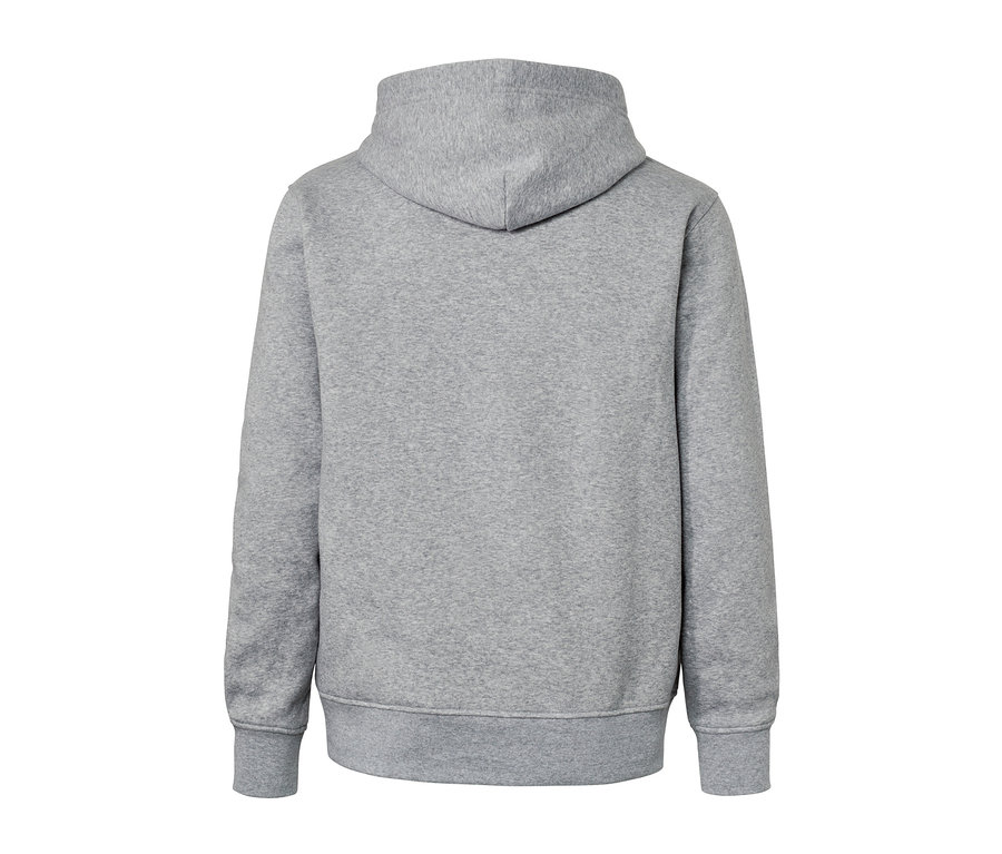Rückansicht eines grau melierten Hoodies.