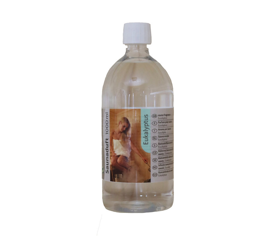 Eine durchsichtige Plastikflasche mit dem Etikett "Saunaduft 1000 ml" und einem Bild einer Frau in der Sauna mit Eukalyptus, inklusive "Karibu Saunaaufguss »Eukalyptus«, ca. 1.000 ml".