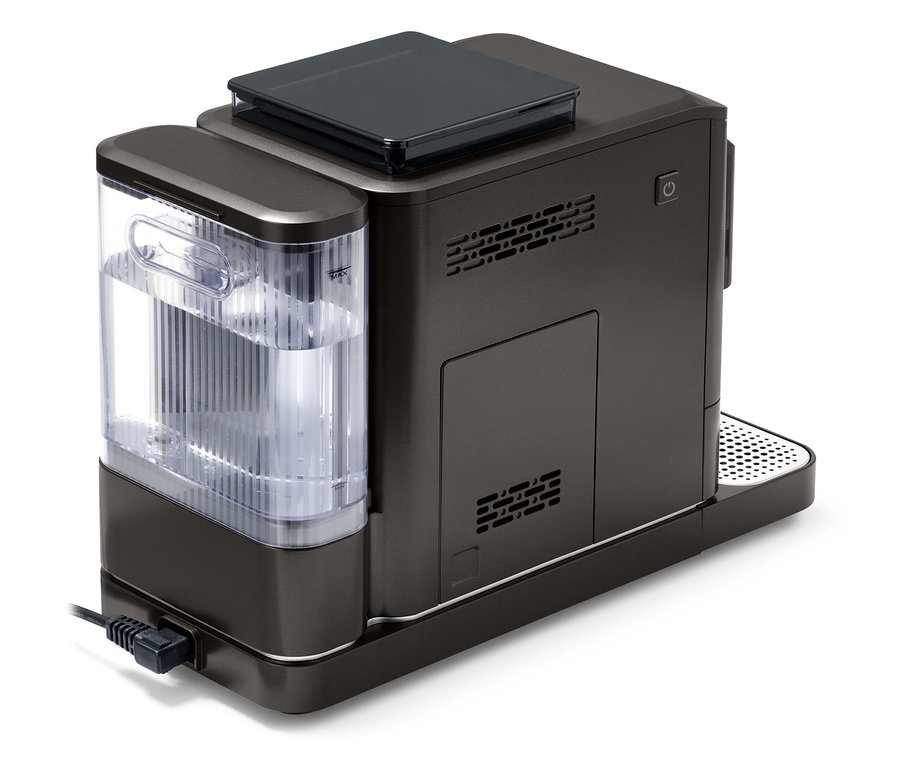 Detail einer »Esperto 2 Milk« Granite Black Kaffeemaschine mit transparentem Wassertank.