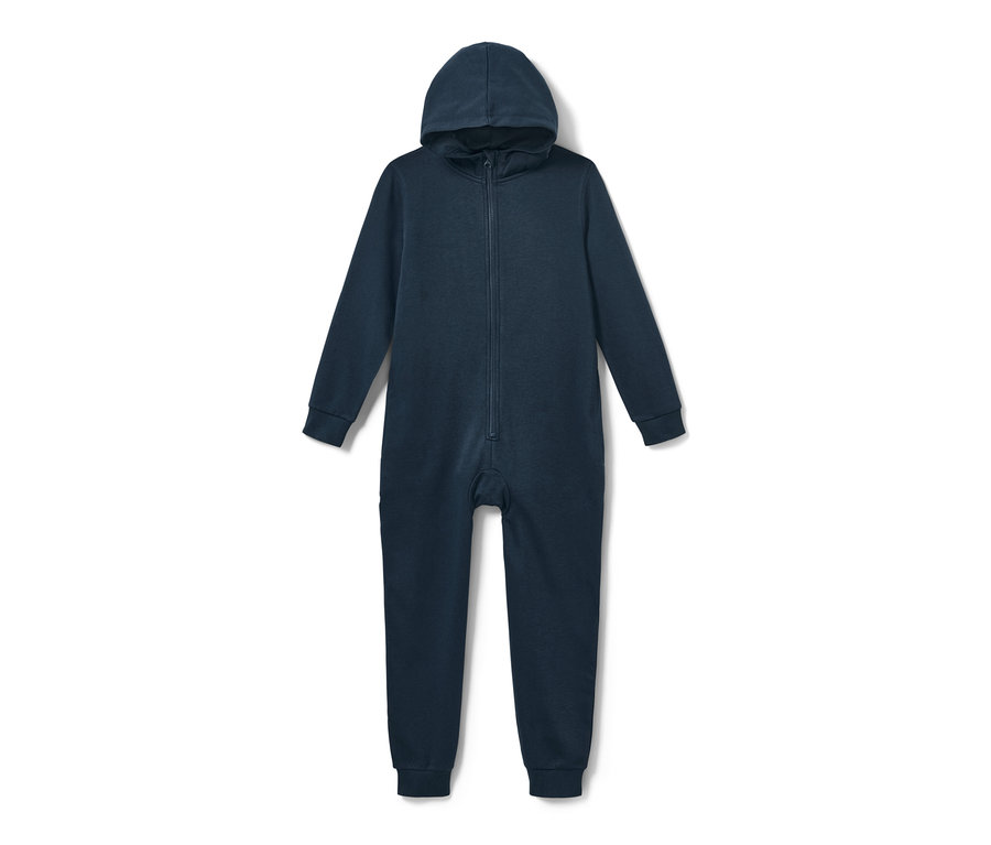 Dunkelblauer Kinder-Lounge-Overall mit Kapuze und Reissverschluss.