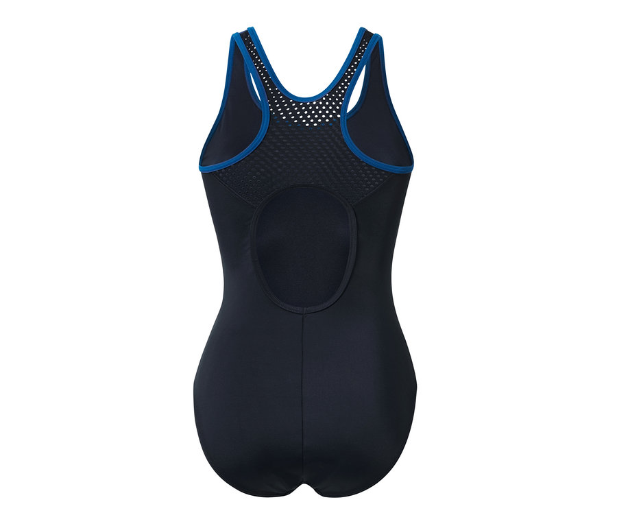 Detailansicht von hinten eines Sport-Badeanzugs mit blauer Umrandung.