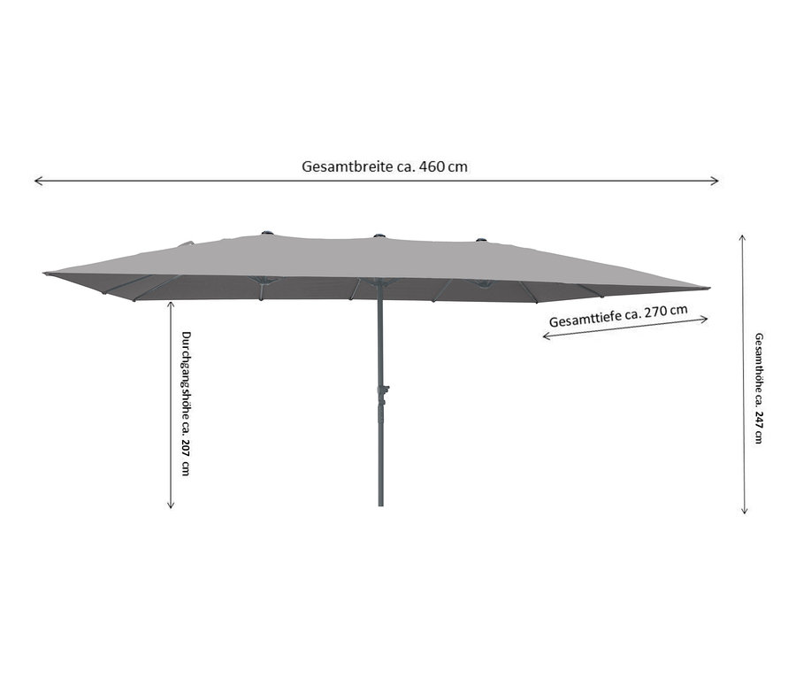 Abmessungen des anthrazitfarbenen Leco Doppelsonnenschirms: Gesamtbreite ca. 460 cm, Gesamttiefe ca. 270 cm, Gesamthöhe ca. 247 cm.