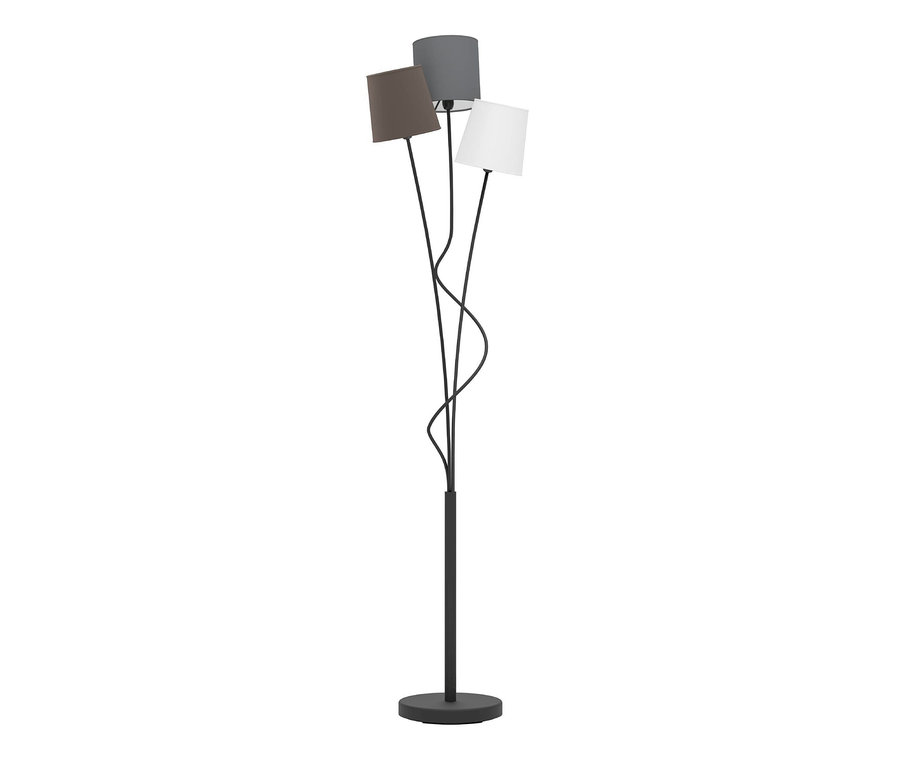 Schwarze Eglo-Stehleuchte »Maronda« mit drei verschiedenfarbigen Lampenschirmen.