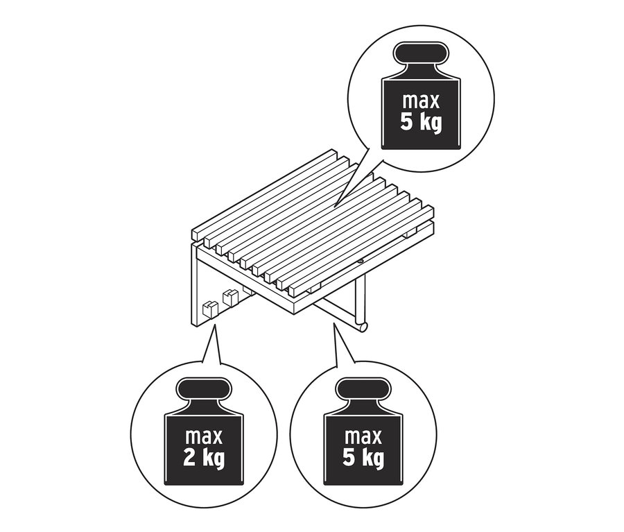 Illustration einer hängenden Wandgarderobe mit maximaler Belastung von 2 kg und 5 kg.