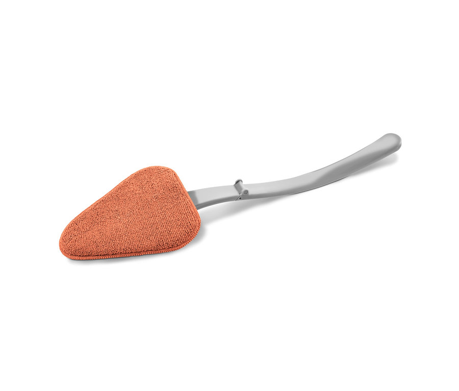 Autoscheibenreiniger mit orangefarbenem, dreieckigem Reinigungskopf und grauem Griff.