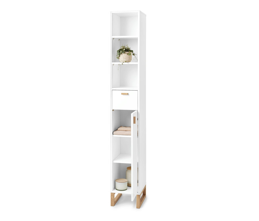 Schmaler, weißer Bad-Hochschrank mit offenem Fach, Pflanze, Schublade und offener Tür.