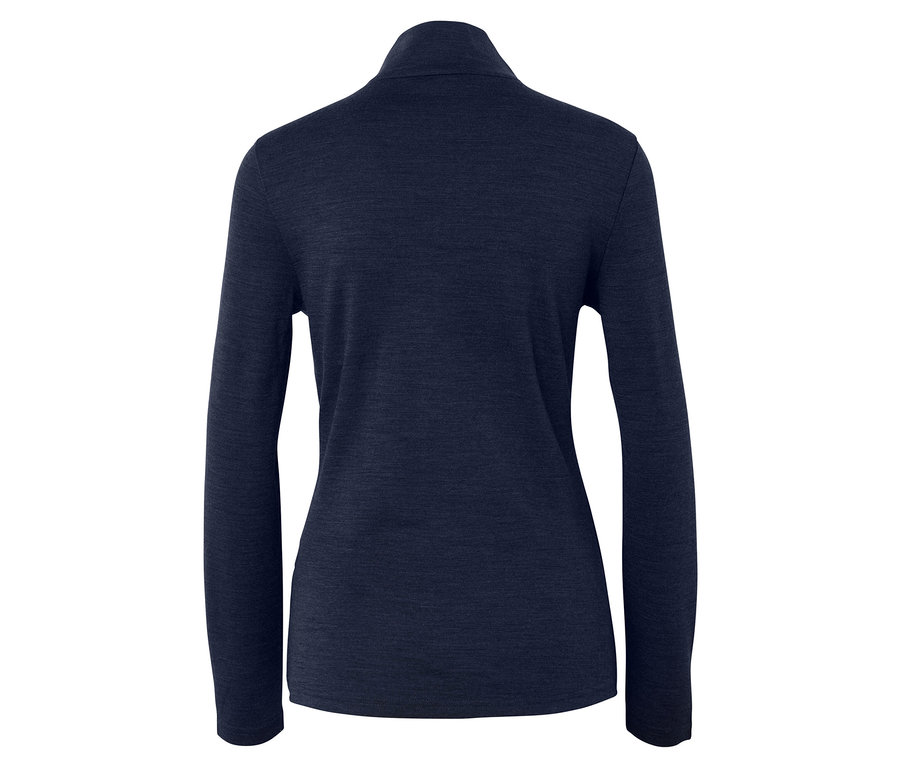 Rückansicht eines dunkelblauen langärmeligen Rollkragenshirts.