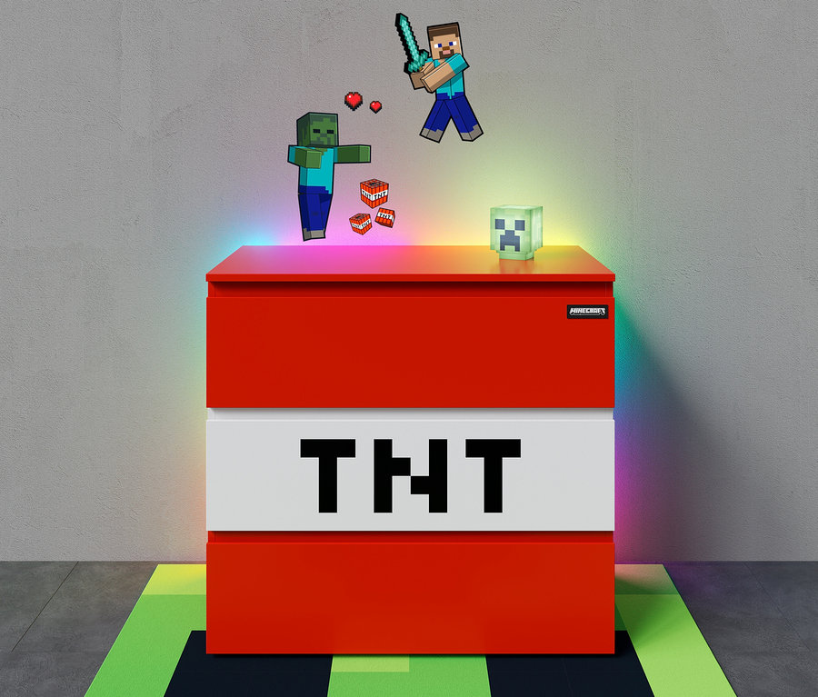 roba Minecraft Kommode mit MINECRAFT LED Dekoleuchte, Creeper und 6 MINECRAFT Wandtattoos.