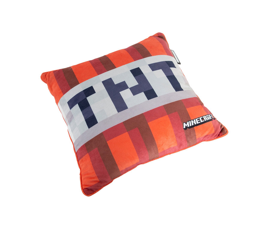 Quadratisches MINECRAFT Dekokissen, TNT auf weißem Hintergrund.