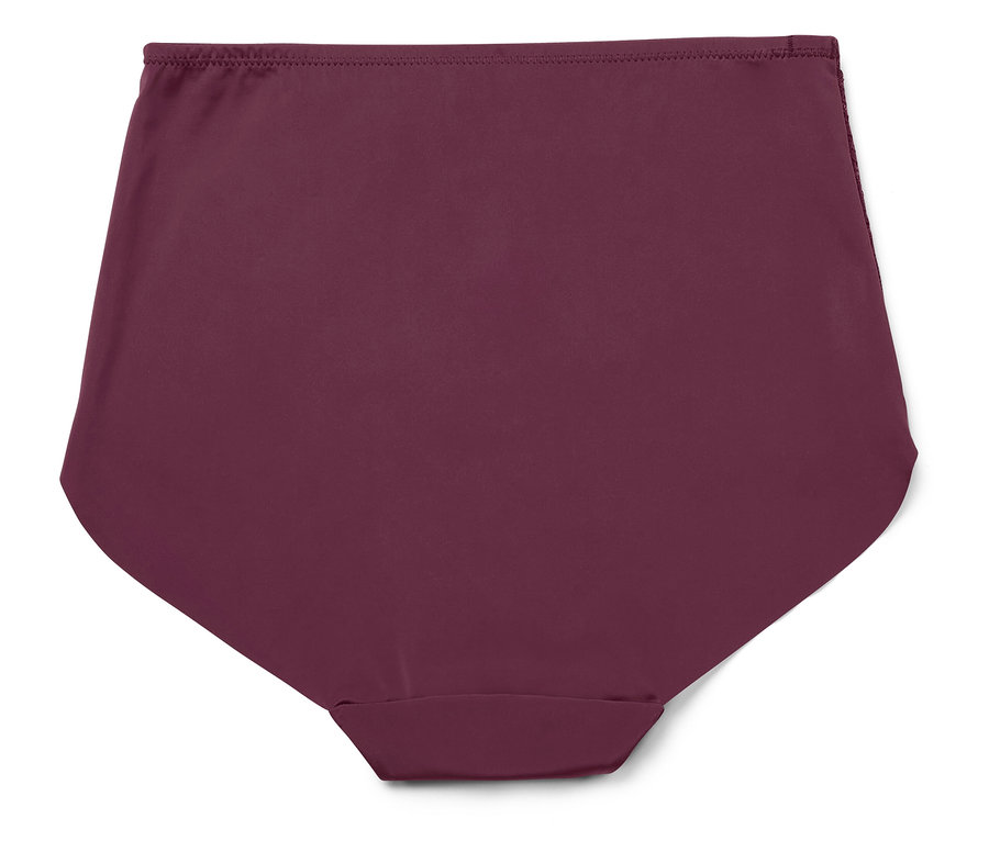Detailaufnahme einer hoch taillierten, violetten Unterhose auf weißem Hintergrund.