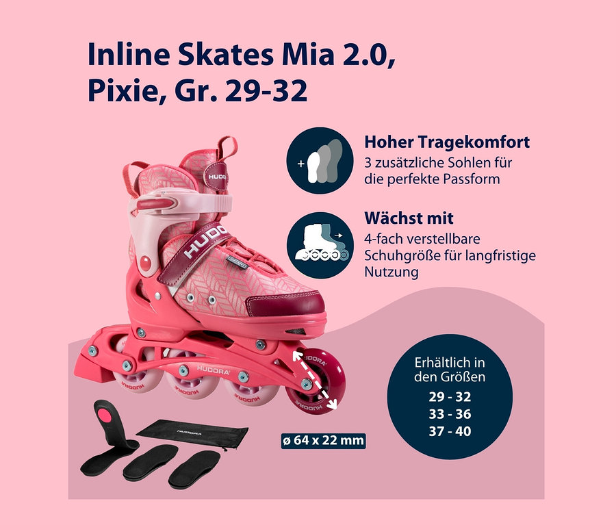 Rosa HUDORA Inline Skates »Mia 2.0«, Gr. 29–32 mit weißen Rädern und schwarzen Einlegesohlen.