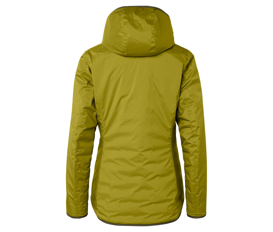 Rückansicht einer olivgrünen Jacke mit Kapuze.
