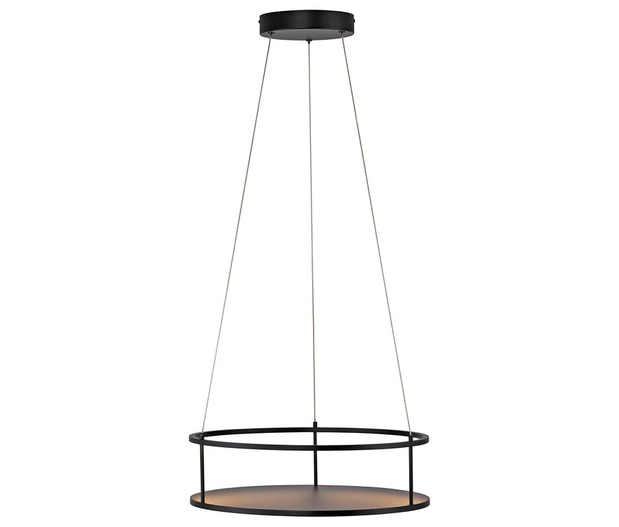 Schwarze Hängelampe mit runder Basis und kreisförmigem Rahmen.