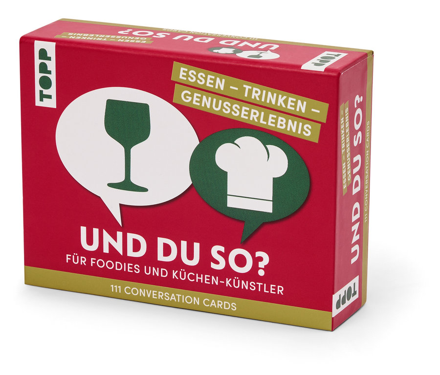 Ein roter Karton mit der Aufschrift „UND DU SO?“. Auf dem Karton ist ein Bild von einem Weinglas und einer Kochmütze.