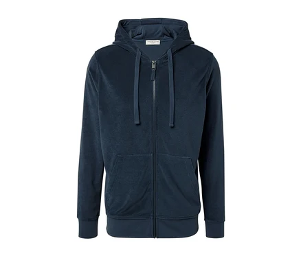 Blaue Frottee-Kapuzenjacke mit Reißverschluss in der Mitte.