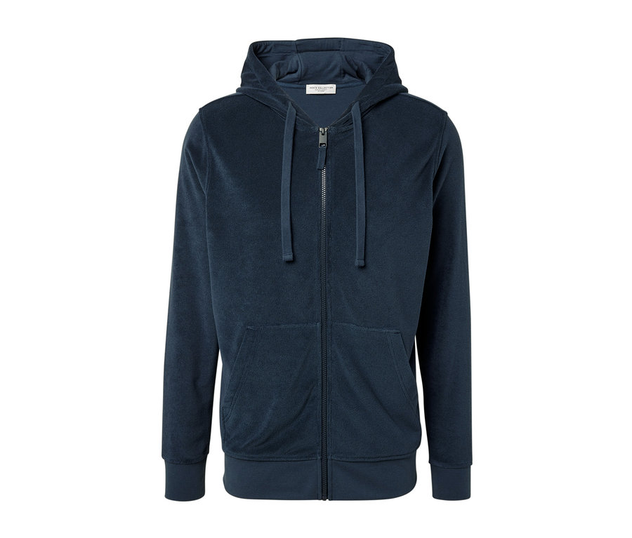 Blaue Frottee-Kapuzenjacke mit Reißverschluss in der Mitte.