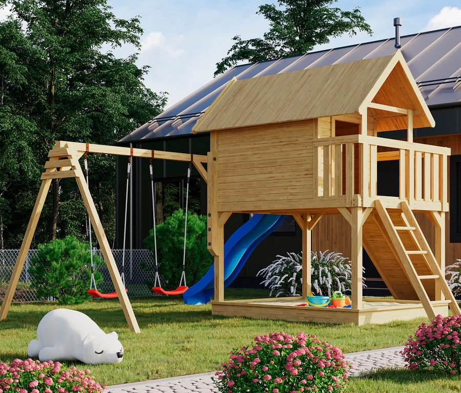 Karibu Stelzenhaus »Fidel« mit Doppelschaukel und Rutsche im Garten.