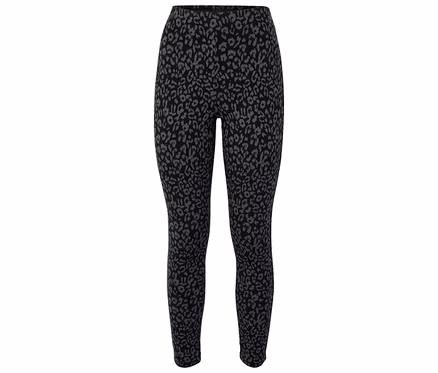 Schwarze Leggings mit grauem Tiermuster.