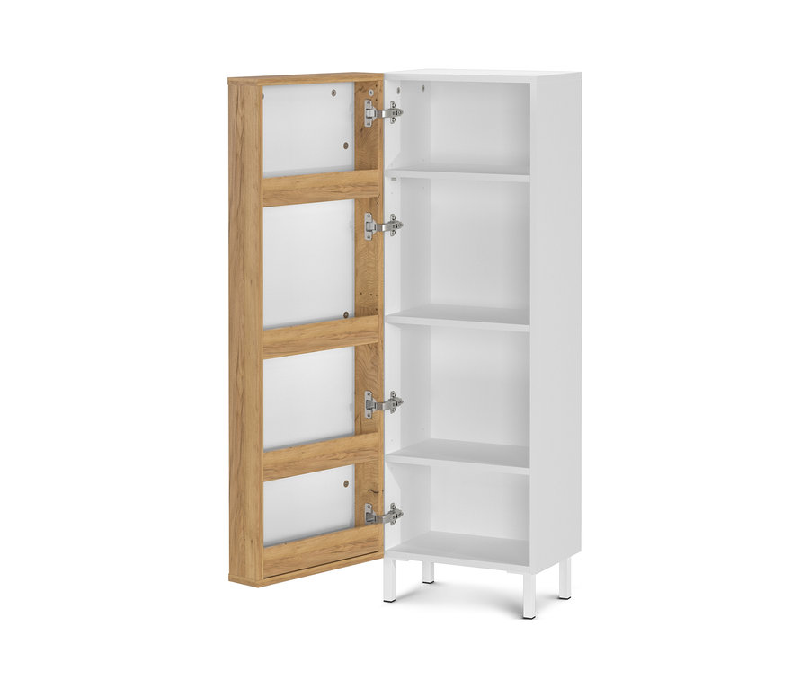 Geöffneter, weißer Mediumschrank Namsos 5001 mit Holzdetails.