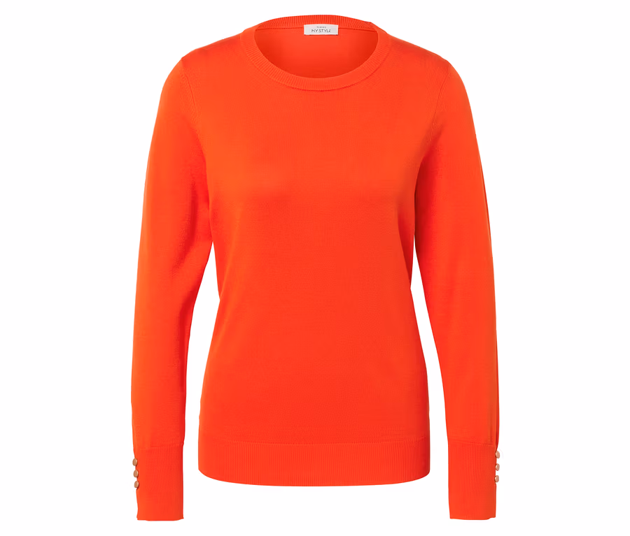 Orangefarbener Strickpullover mit langen Ärmeln und Knöpfen an den Manschetten.