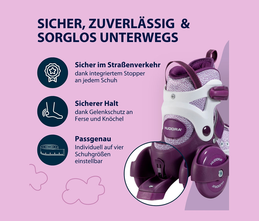 Nahaufnahme von lila HUDORA Rollschuhen "My First Quad" mit weißen Elementen, präsentiert auf lila Hintergrund.