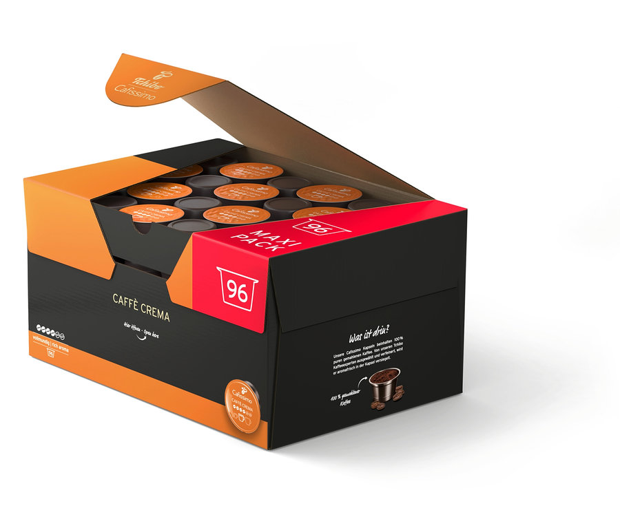 Geöffnete Packung Cafissimo Caffè Crema vollmundig 96 Kapseln.