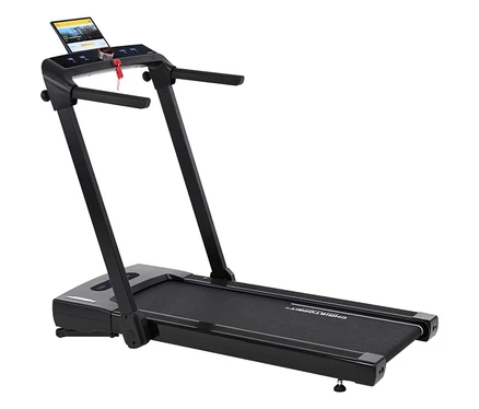 Schwarzes Laufband 2 in 1 mit Bildschirm und Haltegriffen.