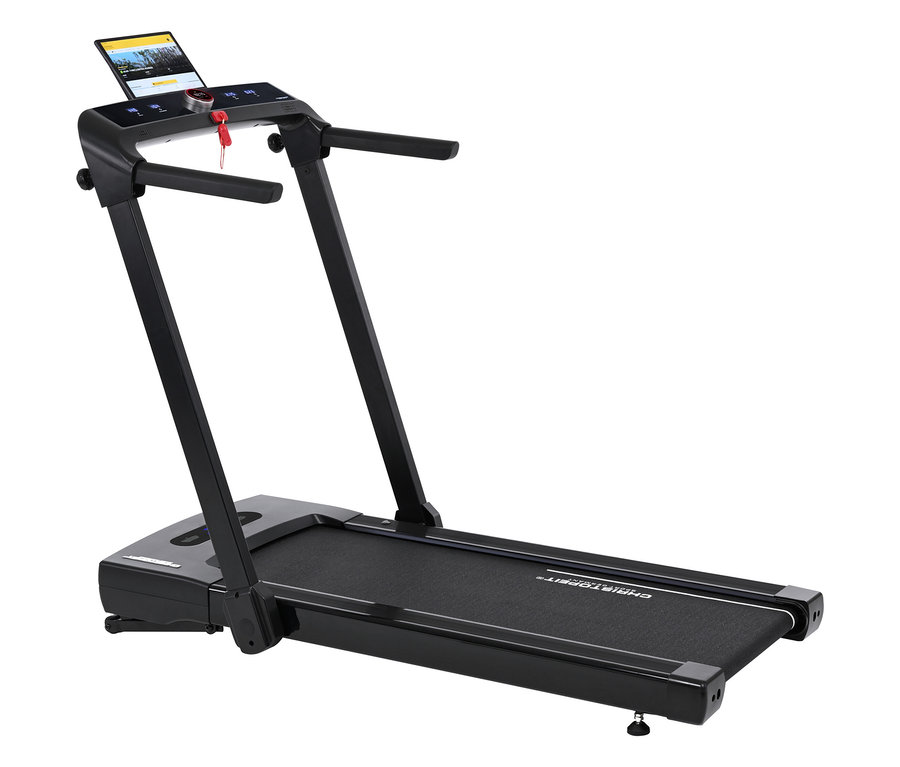 Schwarzes Laufband 2 in 1 mit Bildschirm und Haltegriffen.