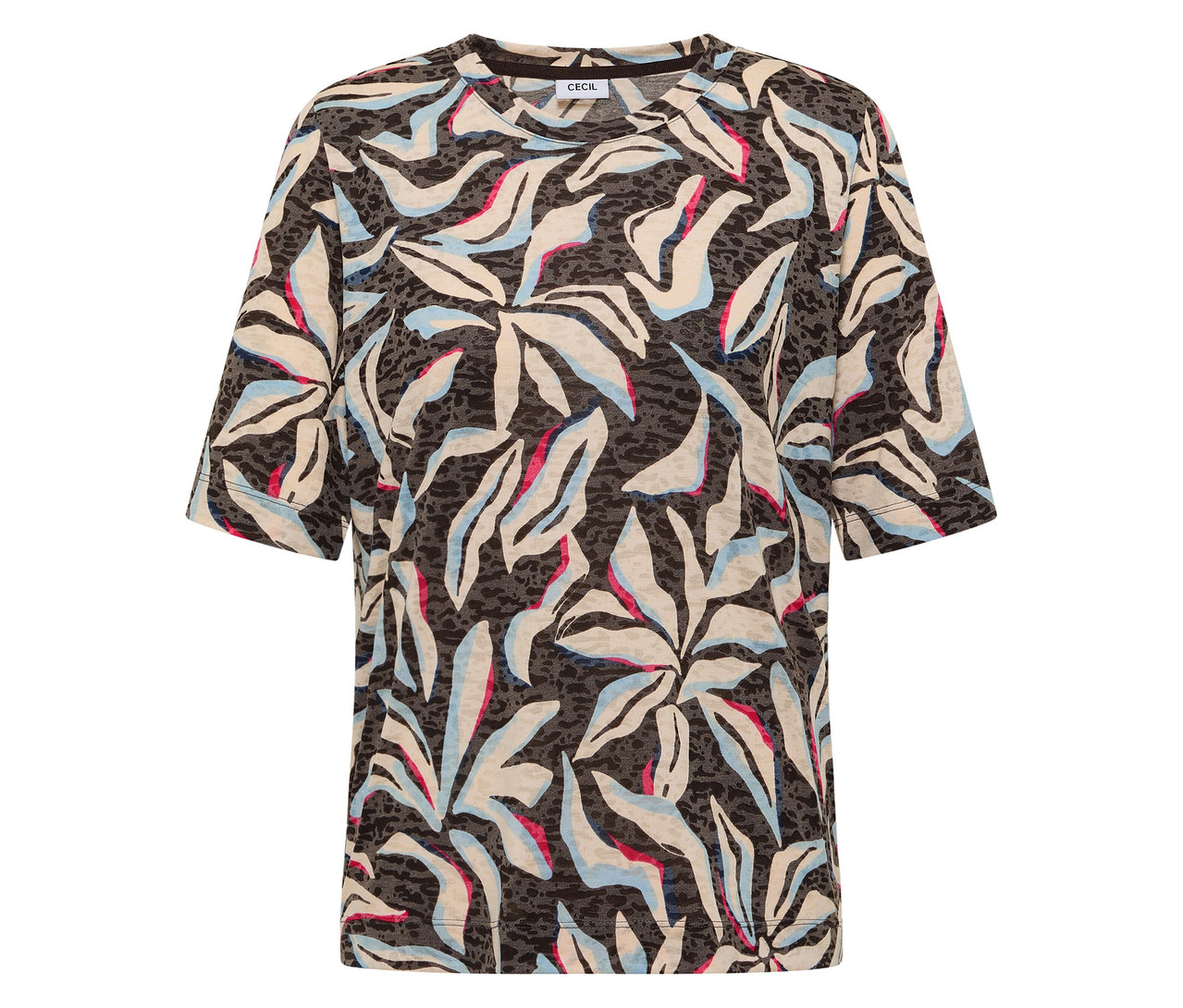 Blaues CECIL Kurzarmshirt mit abstraktem Muster.