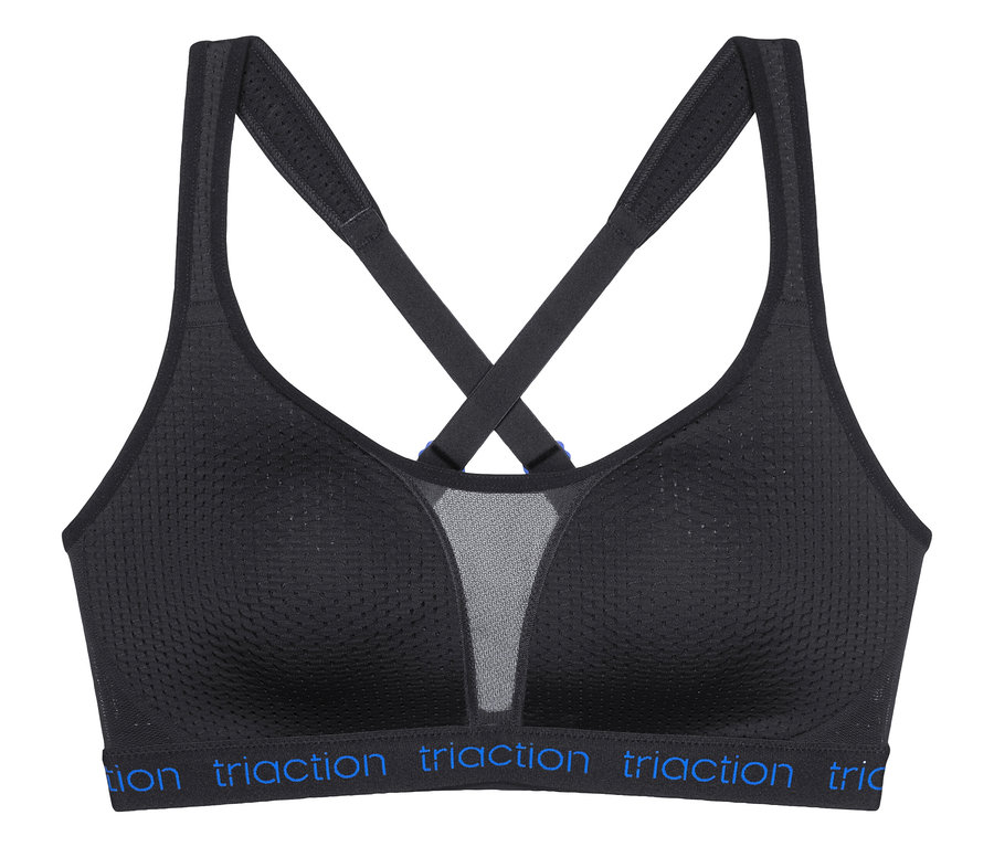 Schwarzer TRIUMPH Sport-BH Triaction Energy Lite P EX mit gekreuzten Trägern.