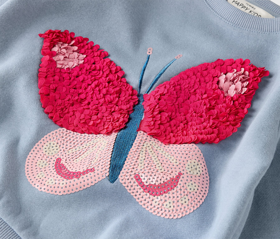 Nahaufnahme eines hellblauen Sweatshirts mit einem großen Schmetterlingsaufnäher in Pink und Rosa.