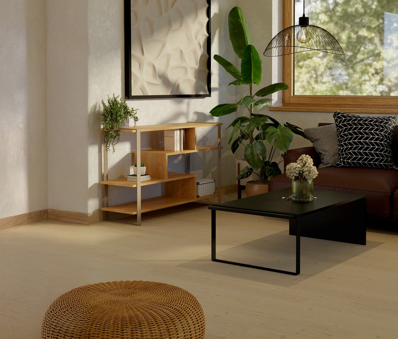 Wohnzimmer mit braunem Ledersofa, einem schwarzen Eglo Couchtisch »MAASIM«, einem Holzbücherregal und Zimmerpflanzen.